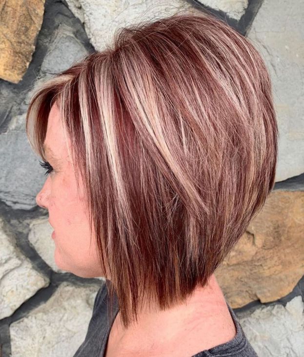 Long Stacked Auburn Bob With Blonde Highlights