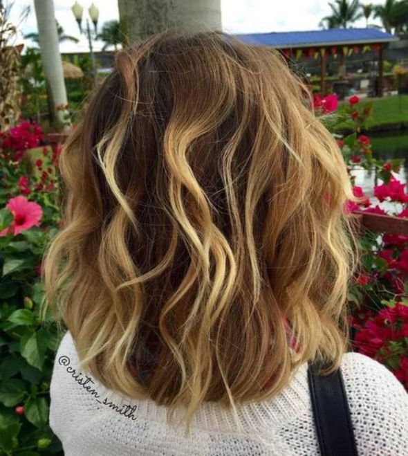 long wavy bob with balayage highlights