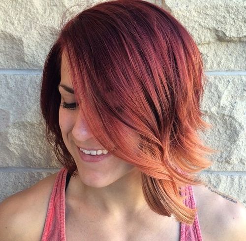 medium layered burgundy to copper ombre hair