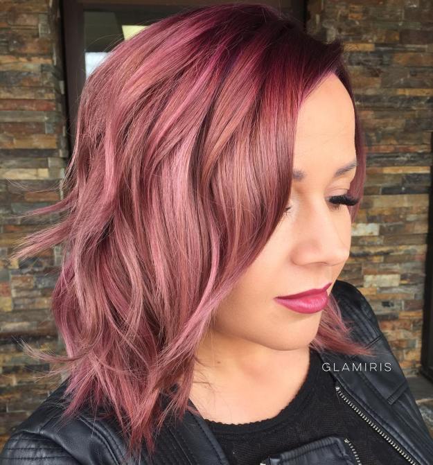 Pastel Burgundy Shoulder Length Shag