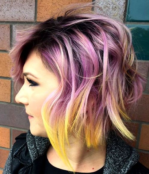 shaggy pastel purple bob with yellow ends