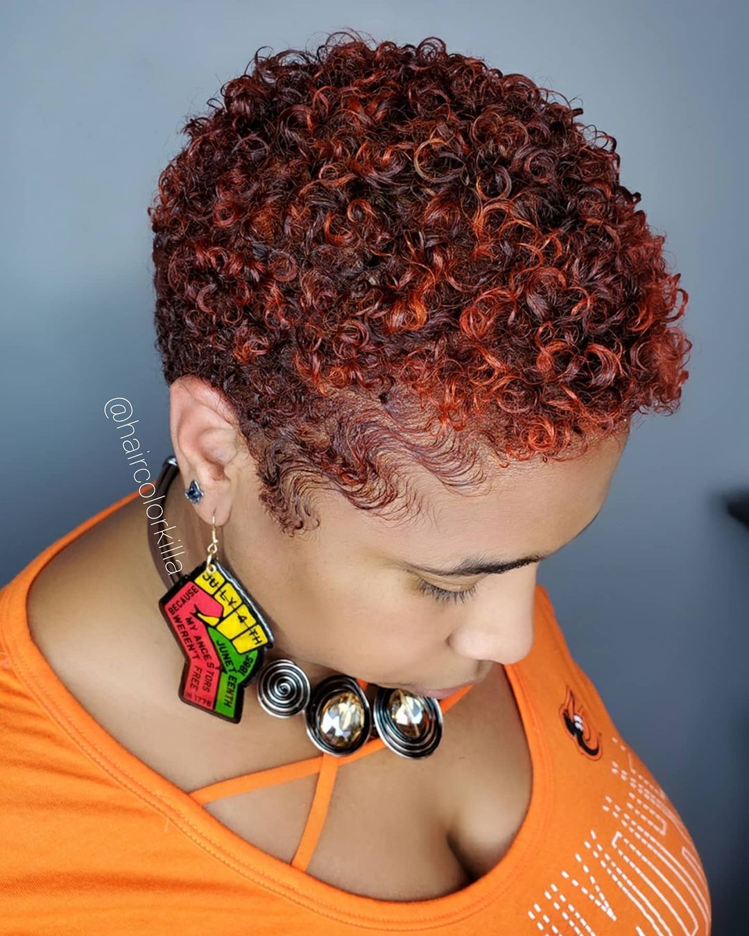 Short Afro Hair Colored Deep Red and Copper