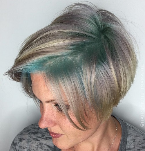 Short Gray Bob With Pastel Green Roots
