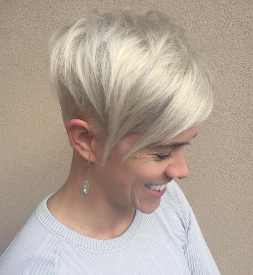 Silver Blonde Pixie With Long Side Bangs