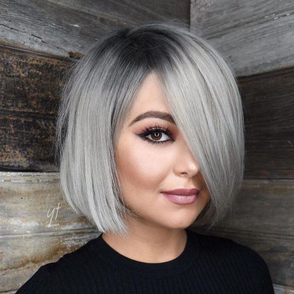 Sleek Gray Bob With Charcoal Roots