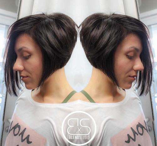 Stacked angled asymmetrical bob