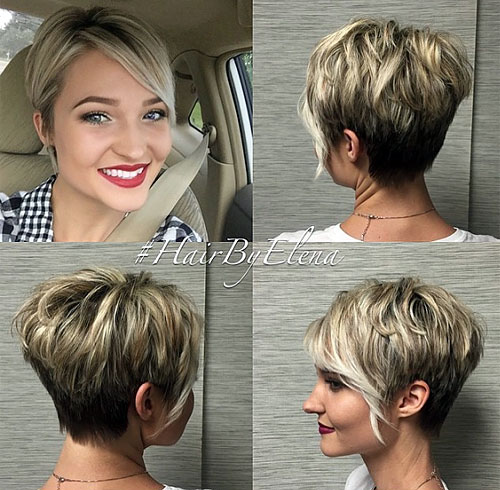 tapered pixie with side bangs and blonde balayage