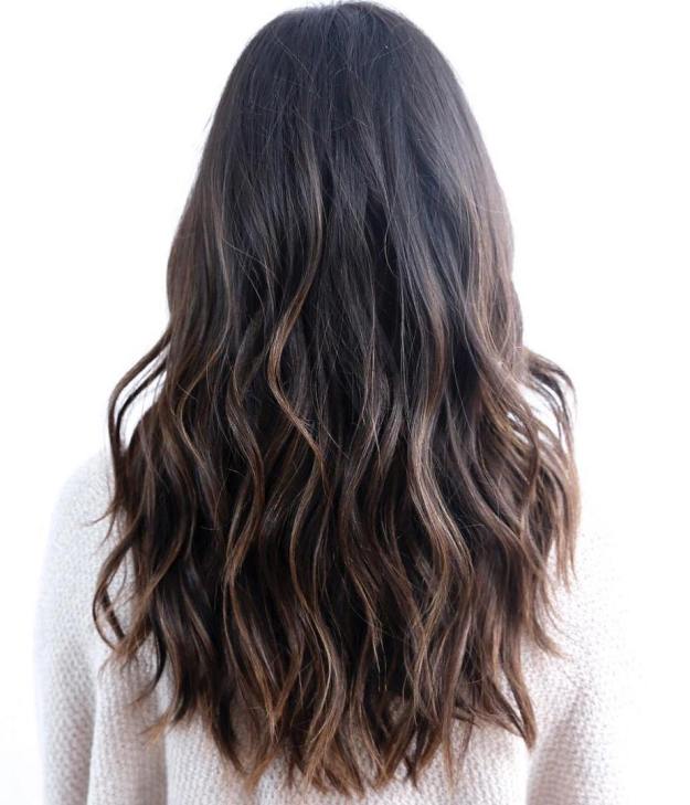 Wavy Black Hair With Brown Balayage