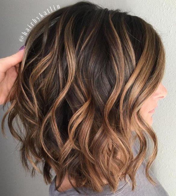 Wavy Brown Lob With Caramel Balayage