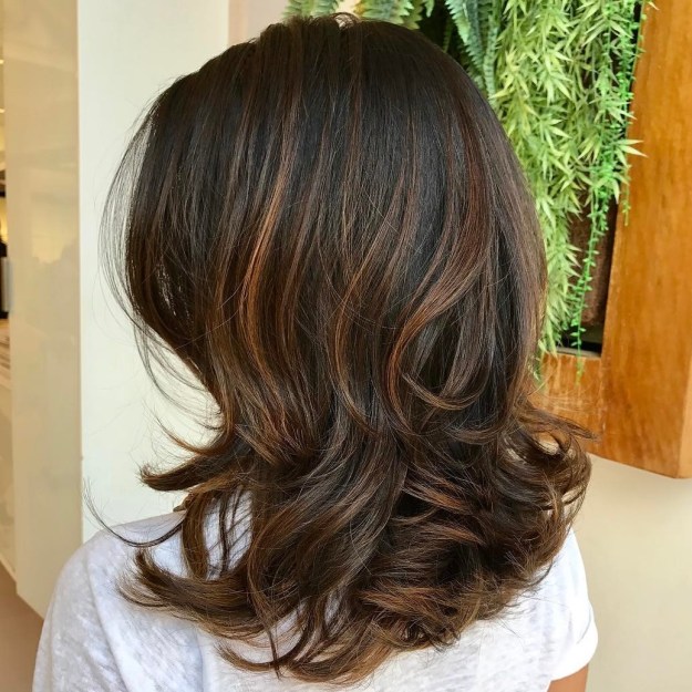 Wavy Layered Brunette Hairstyle With Caramel Highlights
