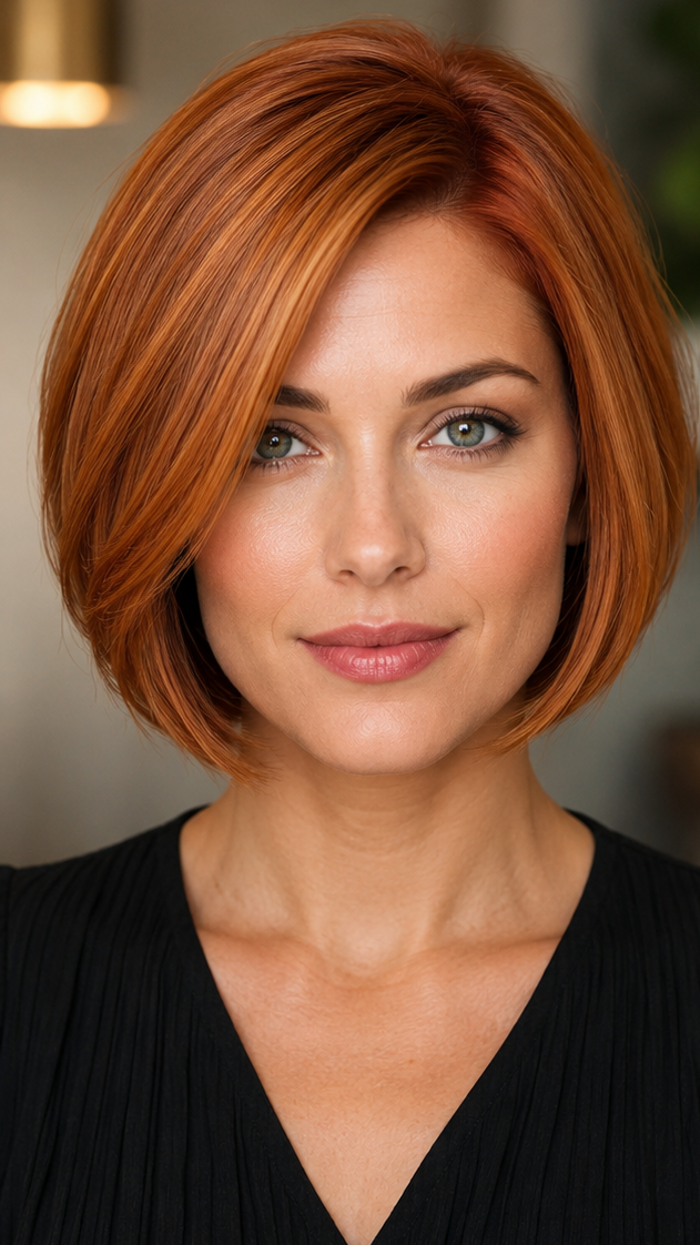 54 Versatile Bob Haircuts for Round Faces for 2026 Burnished Copper Hair