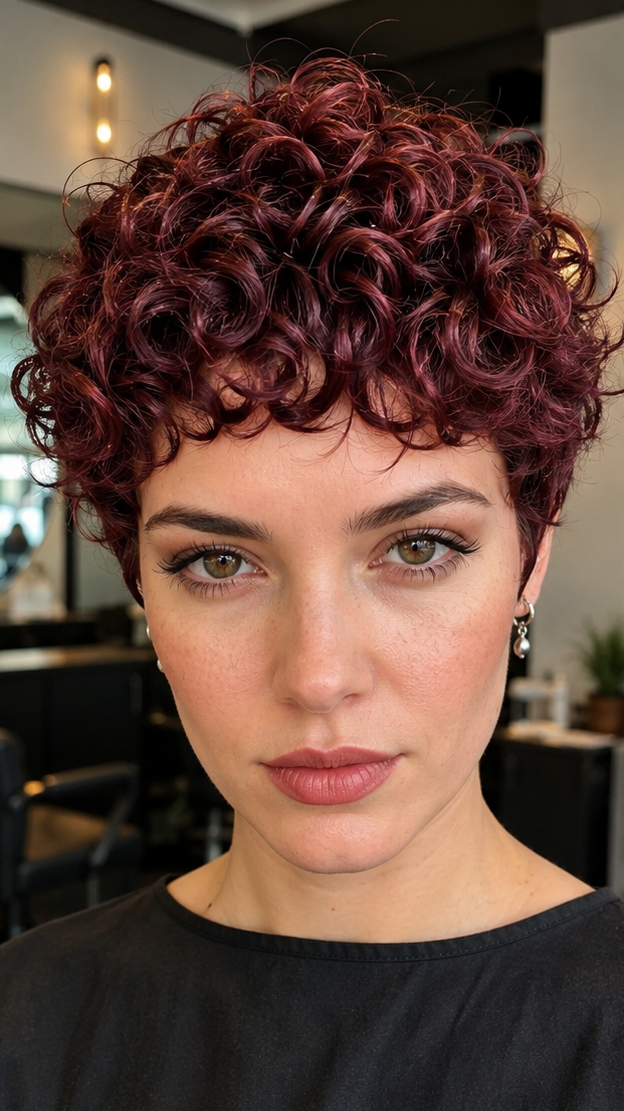 Burgundy Curly Pixie Hair
