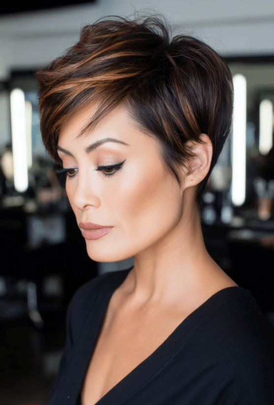 Cinnamon Mocha Highlighted Pixie Hair