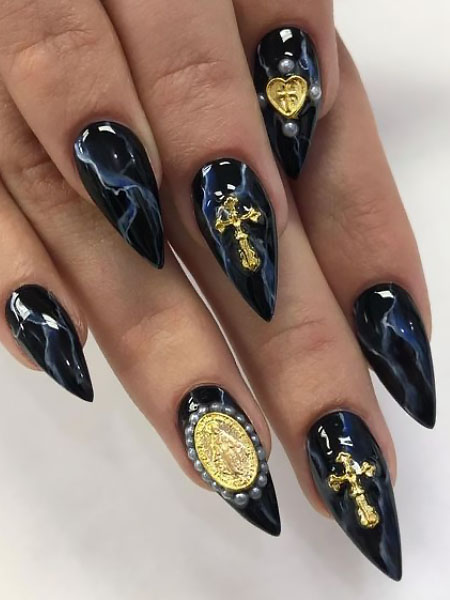 Black-Marble-Effect-Nails-With-Angel-and-Cross-Stickers