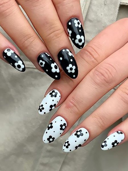 Black And White Nails With Flowers