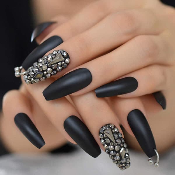 Black Matte Nails With Rhinestones Diamond Nails