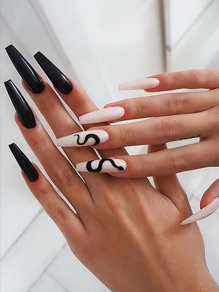 Black Nails With Snake Design