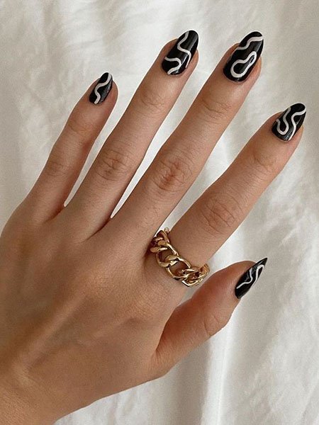 Black Nails With White Design