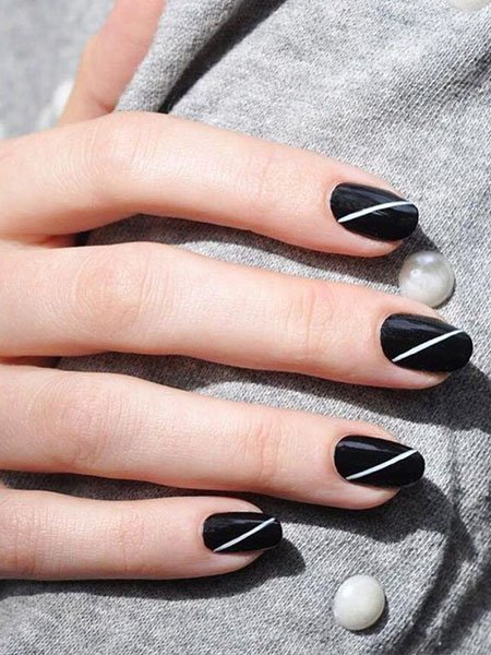 Black Nails With White Stripe