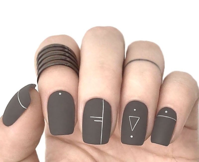 Dark Grey Nails With Line Art 