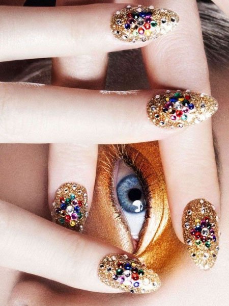 Gold Glitter Nails With Jewels