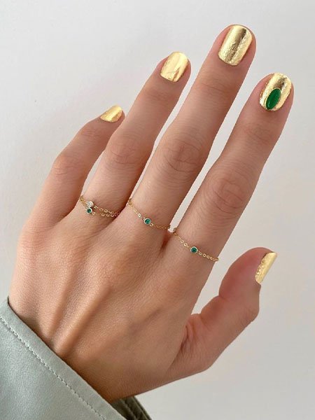 Gold Nails With Green Jade Detail