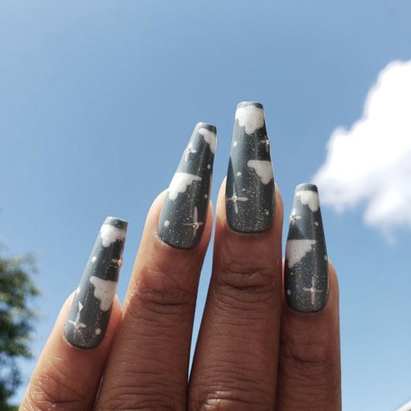 Grey And White Clouds Nail Art