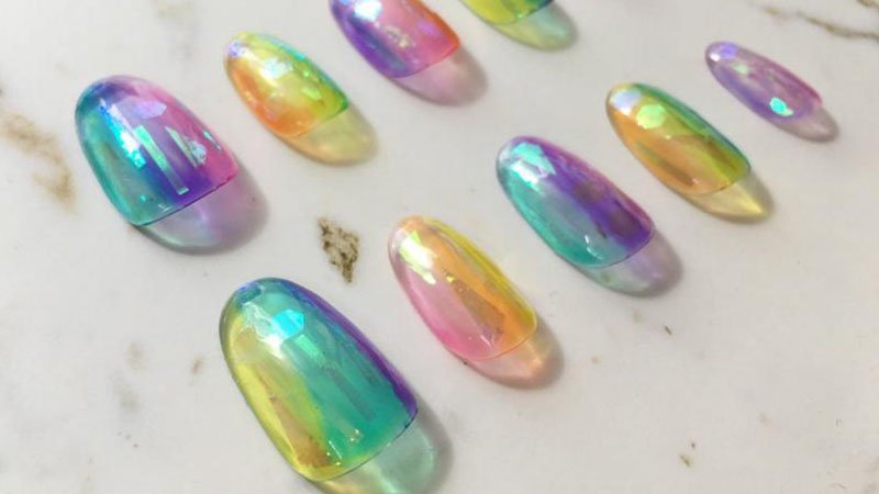 Jsfrnnailart Reusable Holographic Rainbow Jelly Glass Press On Nails 2