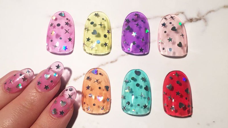 Jsfrnnailart Reusable Jelly Press On Nails With Holographic Sequins