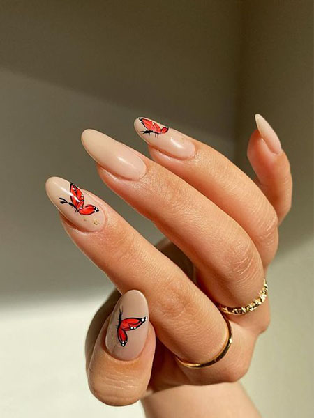 Long Oval Nails With Butterfly Art