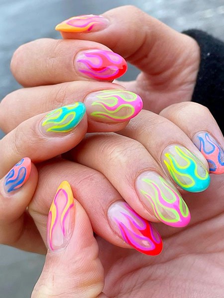 Long Rounded Nails With Fluro Fire Flames