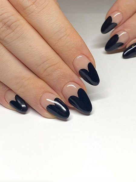 Nude Nails With Black Heart Tips