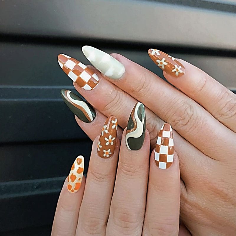 Orange Brown And Green Nail Art Acrylic Nail Ideas Adoredollsparlour