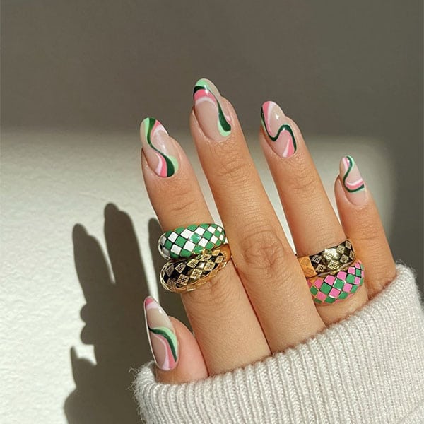 Pink And Green Swirls Nail Ideas Amyle.nails