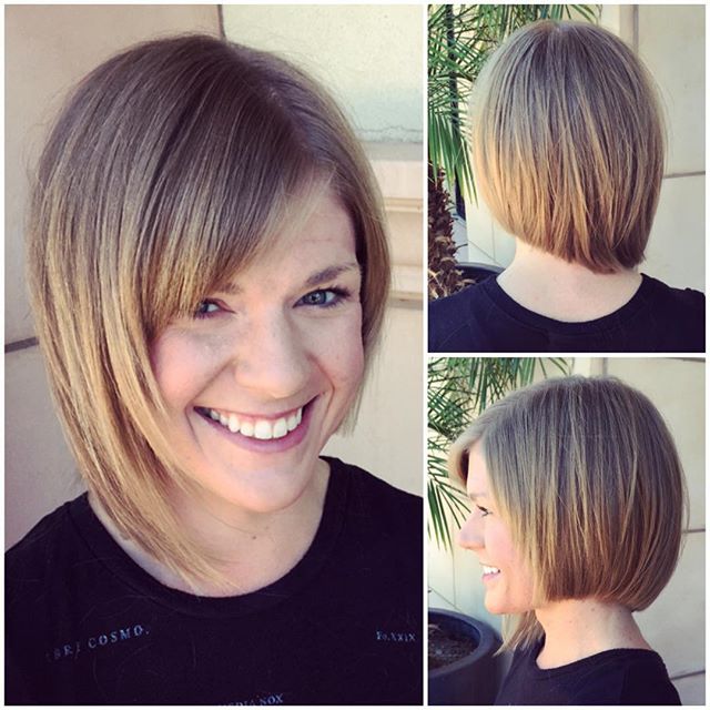 Cute asymmetrical bob hairstyle with bangs