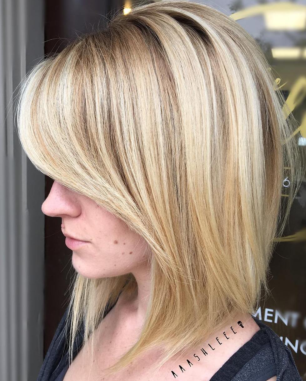 Honey Blonde Lob With Long Side Bangs