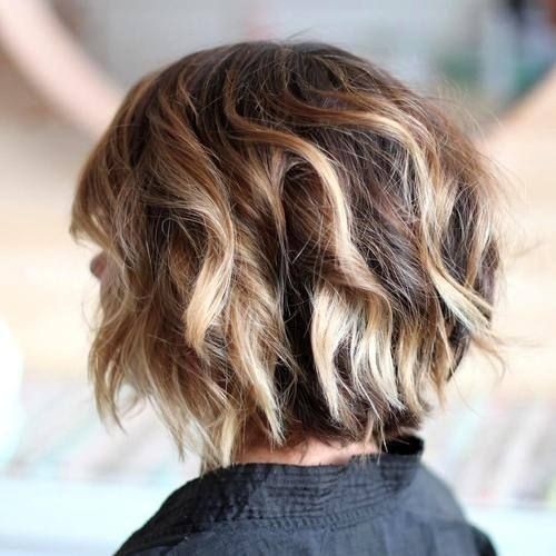 Messy, Curly Short Bob Haircut - Balayage Hairstyles for Thick Hair -Choppy chin-length bob with blonde highlights