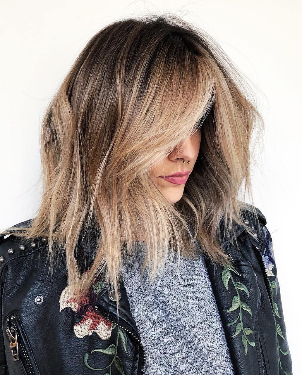 Messy Feathered Lob With Side-Swept Bangs