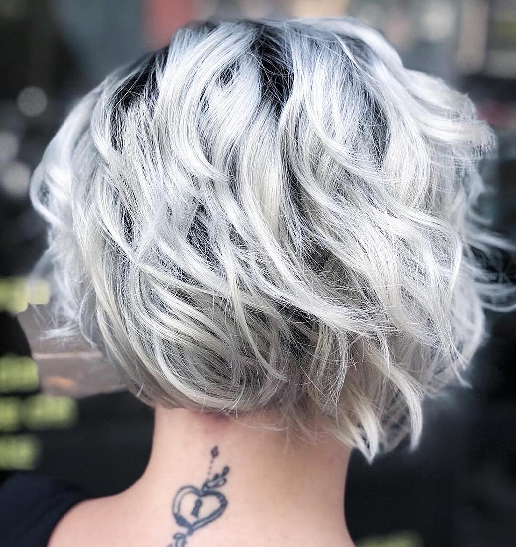 Short Wavy White Blonde Bob With Black Roots