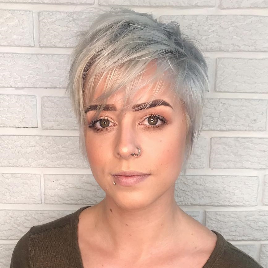 Textured Wispy Silver Blonde Pixie Cut