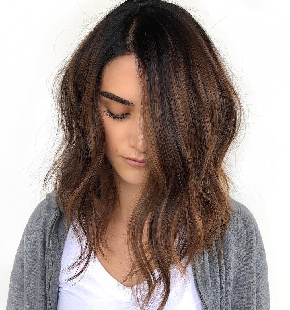 Wavy Chestnut Brown Lob With Side Part