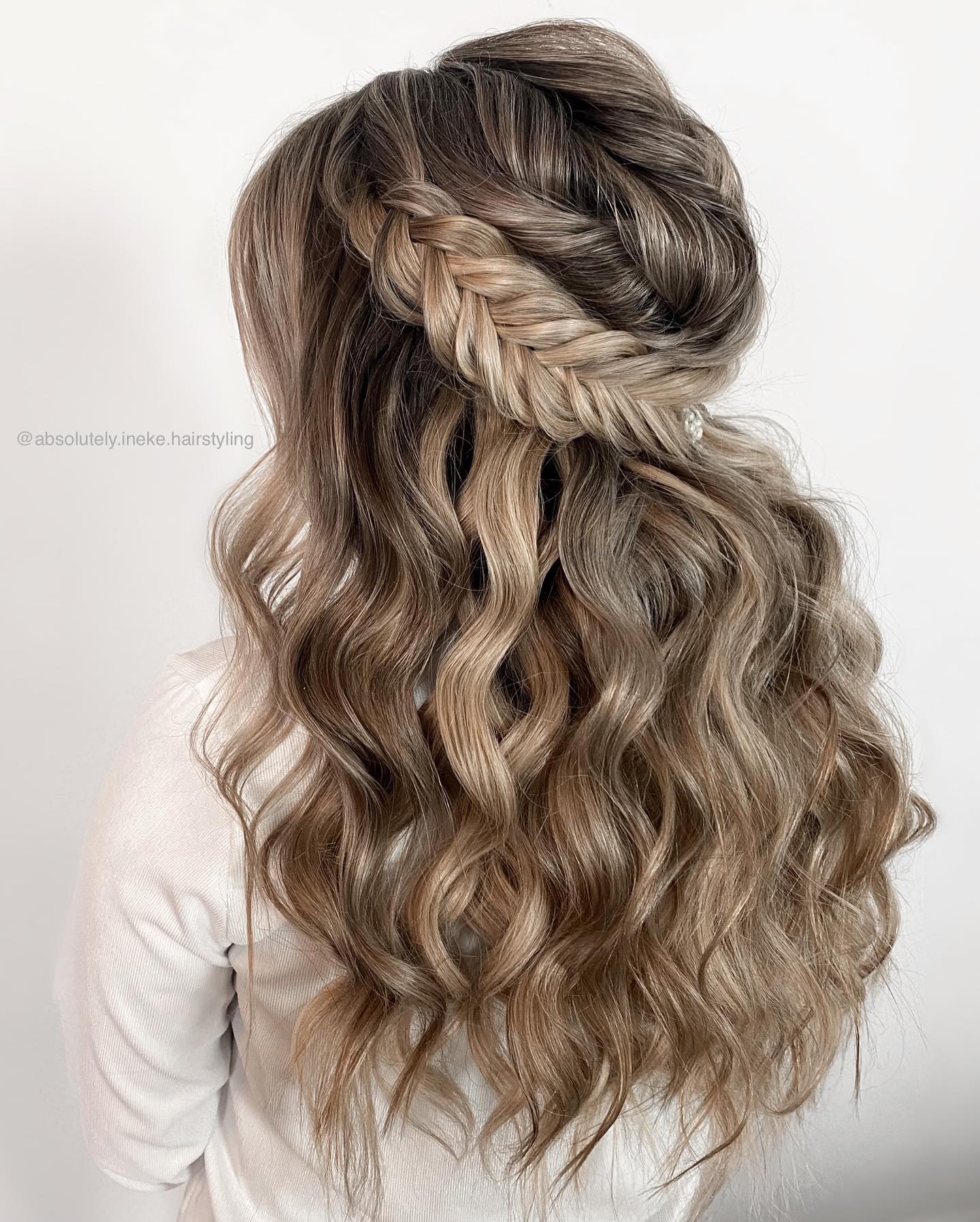 0Long Wavy Dark Blonde Down Wedding Hairstyle with Braid