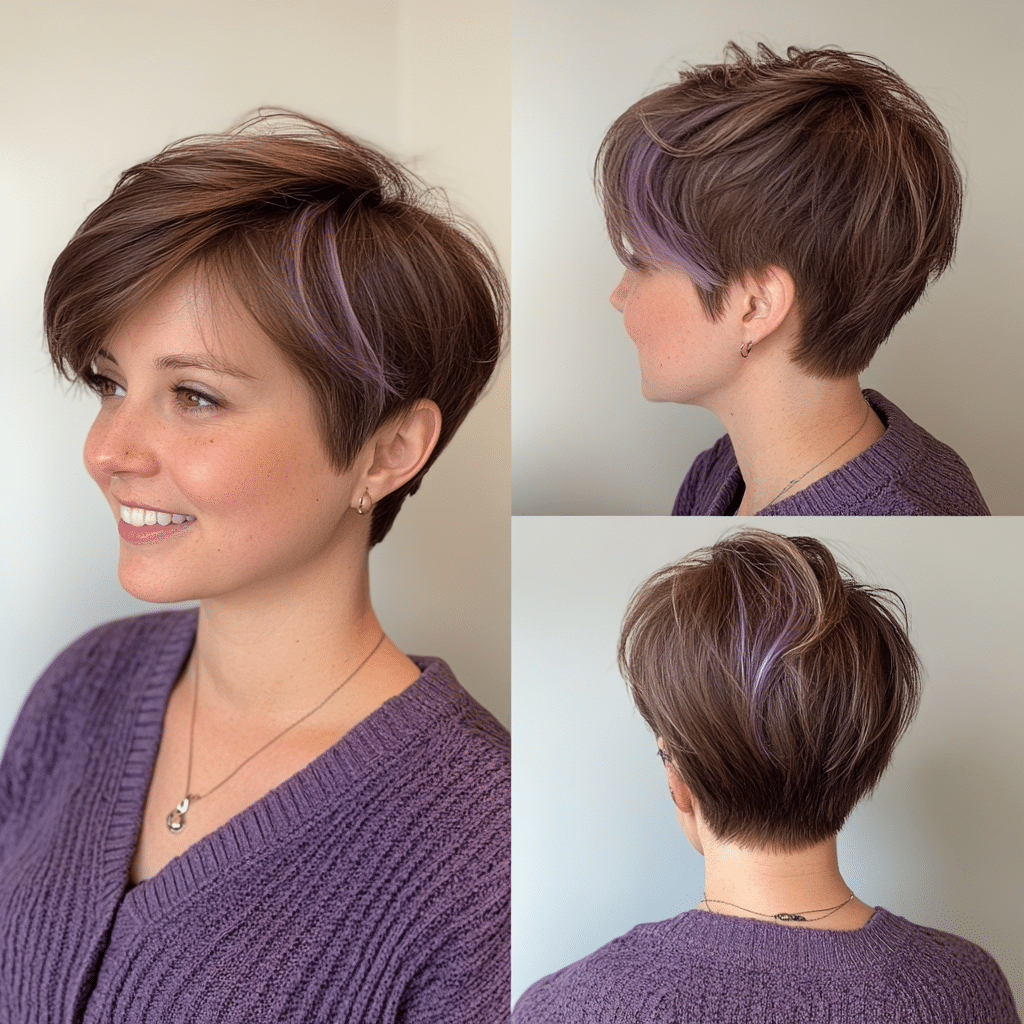 Brown Pixie with Lavender Peekaboo Hair