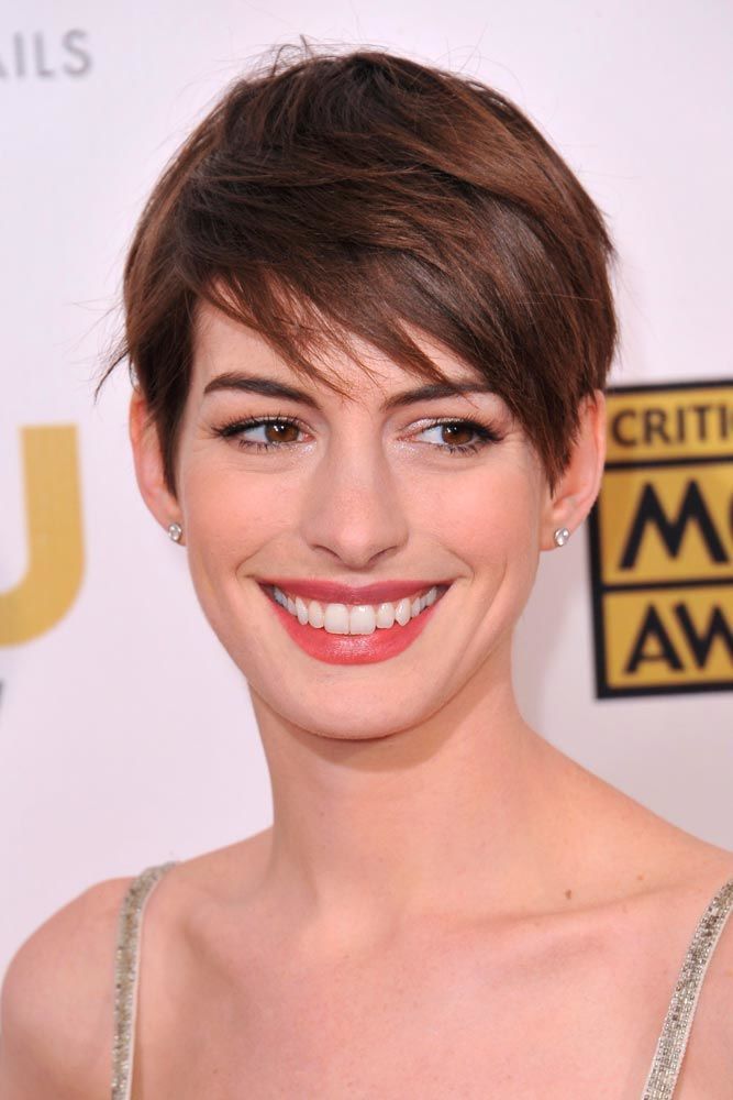 Anne Hathaway Long Pixie Cut With Side Swept Bangs