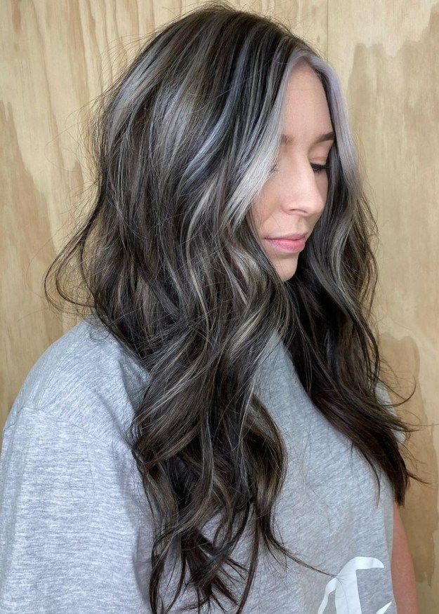 Ashy Highlights on Long Wavy Hair