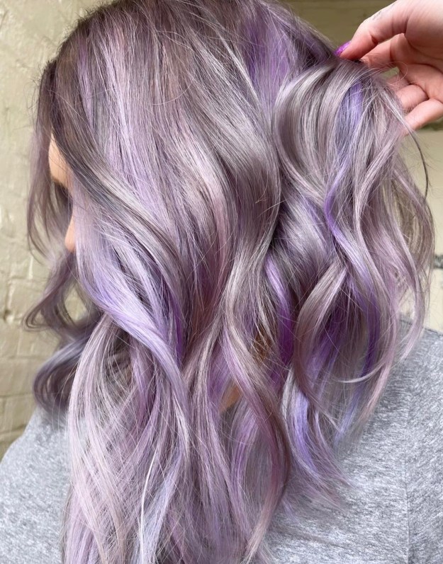 Balayage with Dark Silver Base and Purple and White Highlights
