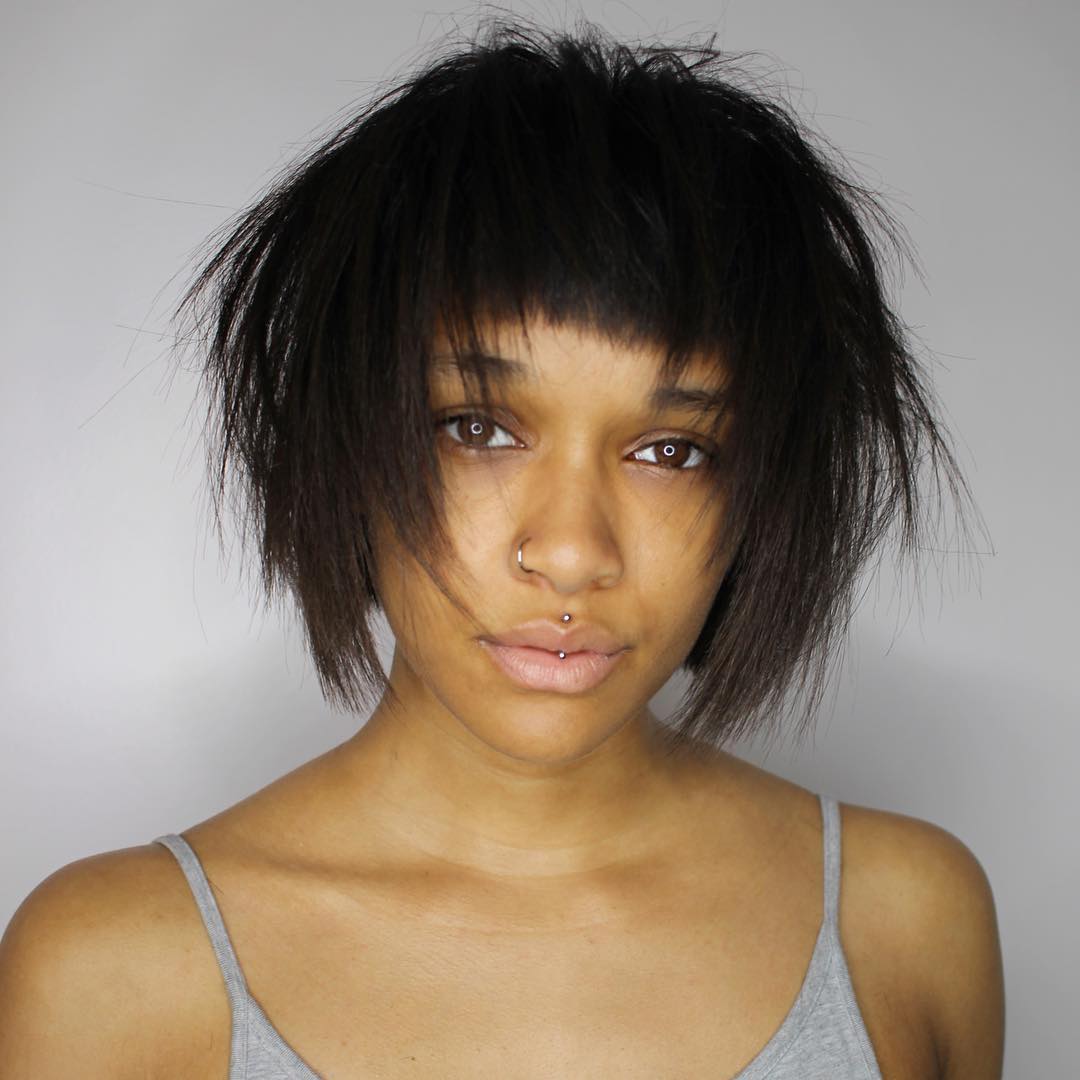 Black Straight Razored Bob With Baby Bangs