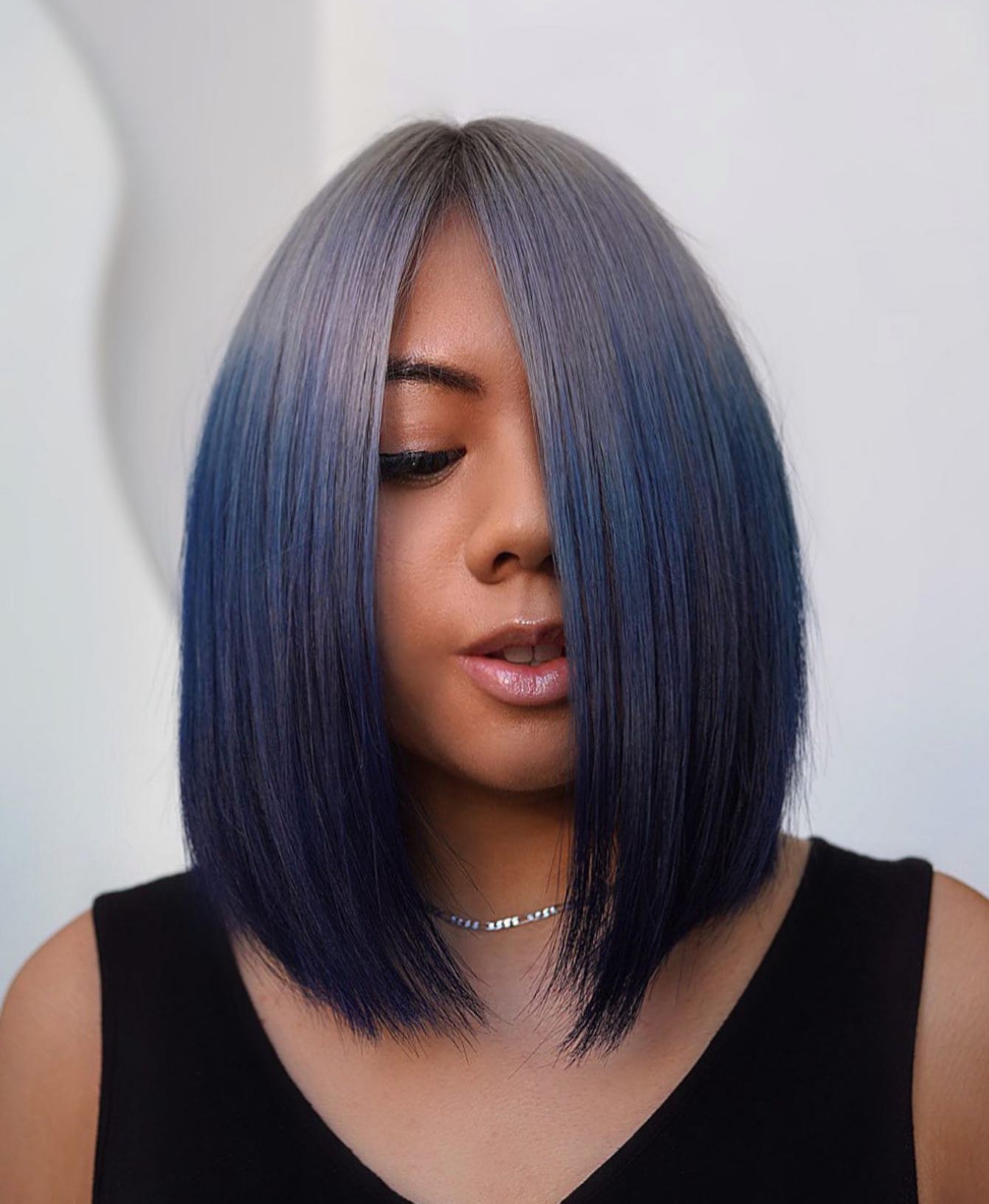 Bob Haircut with Gray and Blue Ombre Color Blend
