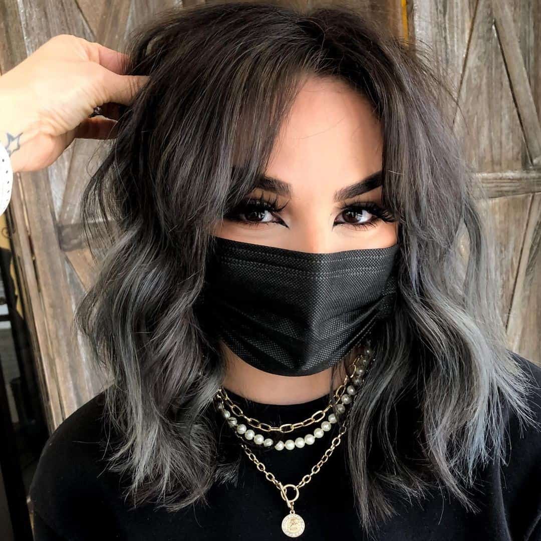 Brown Lob with Gray and Silver Balayage