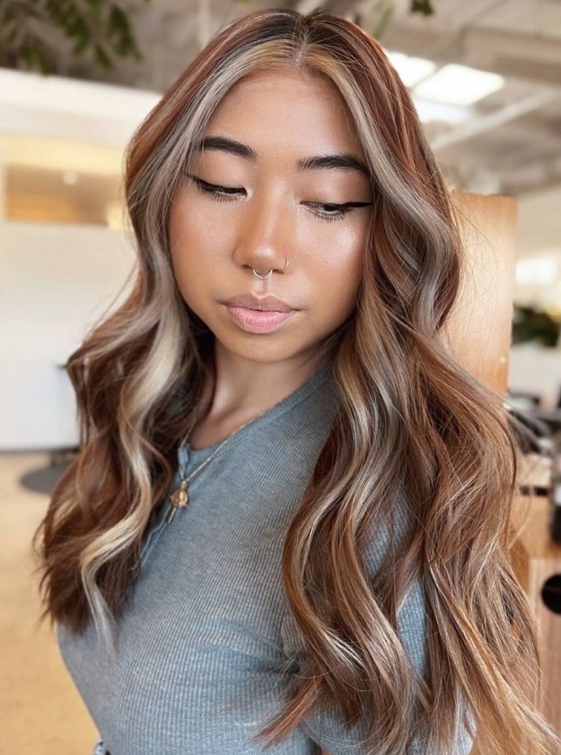 Caramel Highlights on Long Wavy Hair